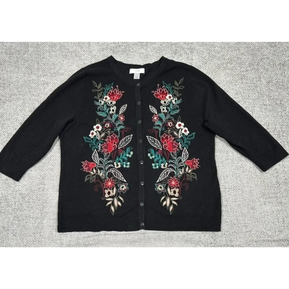 CJ Banks Sweater Womens X Black Cardigan Embroidered Floral 3/4 Sleeve‎